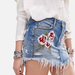 Free People Denim Mini Skirt Sz 26 Embroidered Studded NWT Festival
